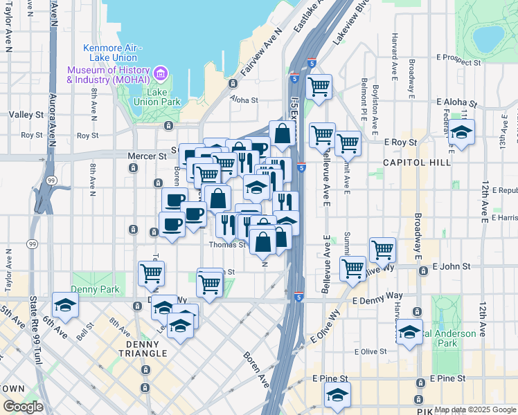 map of restaurants, bars, coffee shops, grocery stores, and more near 409 Yale Avenue North in Seattle