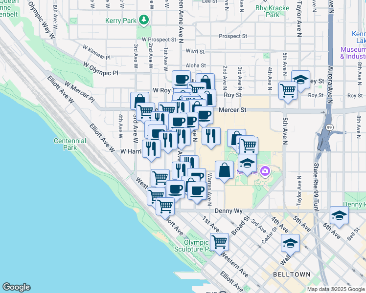 map of restaurants, bars, coffee shops, grocery stores, and more near 400 Queen Anne Avenue North in Seattle