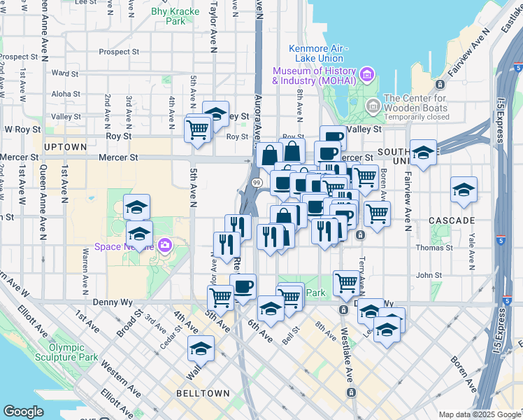 map of restaurants, bars, coffee shops, grocery stores, and more near 408 Aurora Avenue North in Seattle