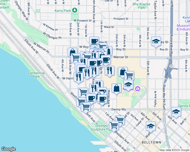 map of restaurants, bars, coffee shops, grocery stores, and more near 400 Queen Anne Avenue North in Seattle
