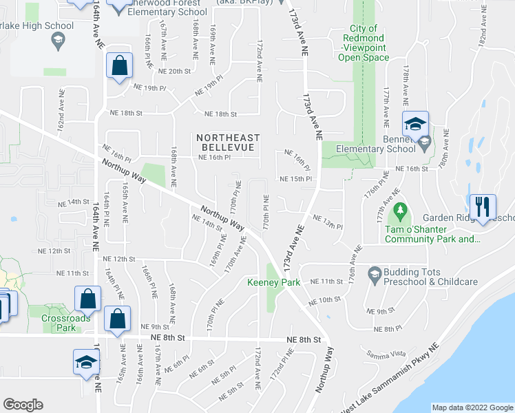 map of restaurants, bars, coffee shops, grocery stores, and more near 1314 170th Place Northeast in Bellevue