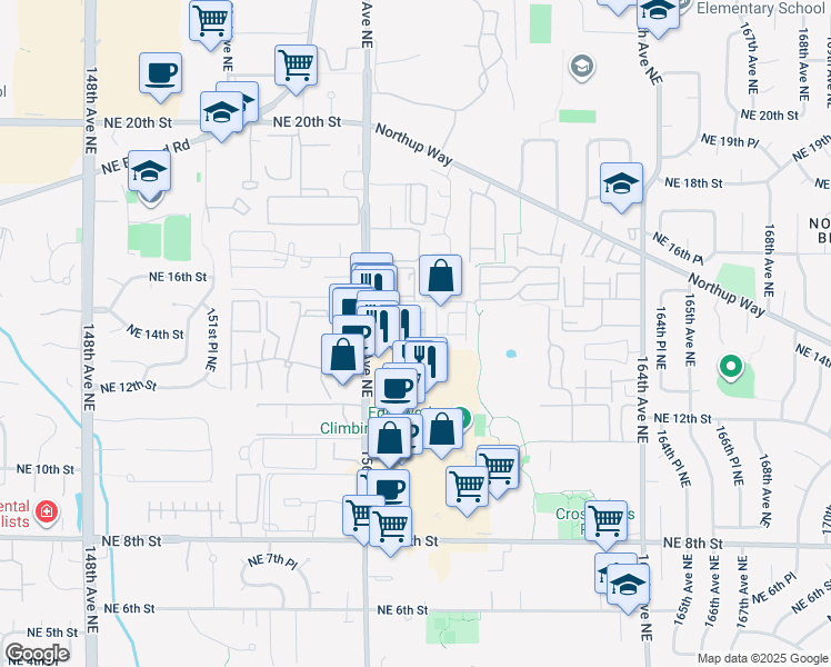 map of restaurants, bars, coffee shops, grocery stores, and more near 1401 158th Place Northeast in Bellevue