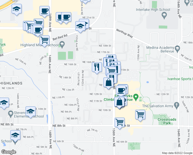map of restaurants, bars, coffee shops, grocery stores, and more near 15308 Northeast 13th Place in Bellevue