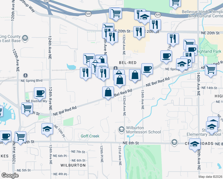 map of restaurants, bars, coffee shops, grocery stores, and more near 13000 Bel-Red Road in Bellevue