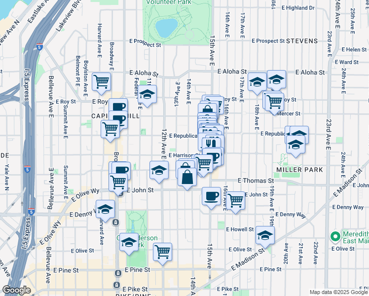 map of restaurants, bars, coffee shops, grocery stores, and more near in Seattle