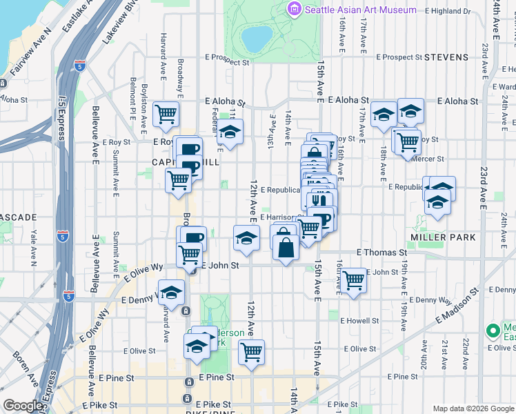 map of restaurants, bars, coffee shops, grocery stores, and more near 403 13th Avenue East in Seattle