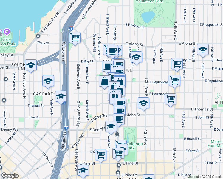 map of restaurants, bars, coffee shops, grocery stores, and more near 401 Harvard Avenue East in Seattle