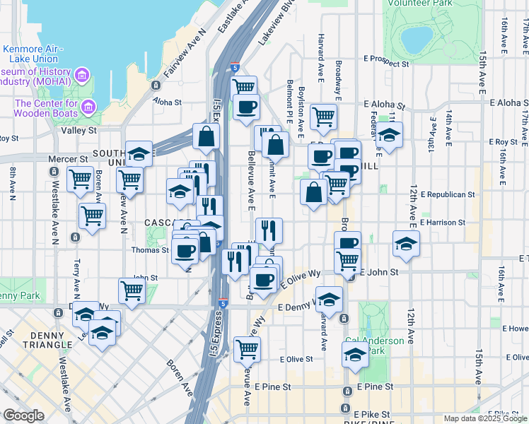 map of restaurants, bars, coffee shops, grocery stores, and more near 404 East Harrison Street in Seattle