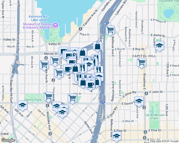 map of restaurants, bars, coffee shops, grocery stores, and more near 1270 Harrison Street in Seattle