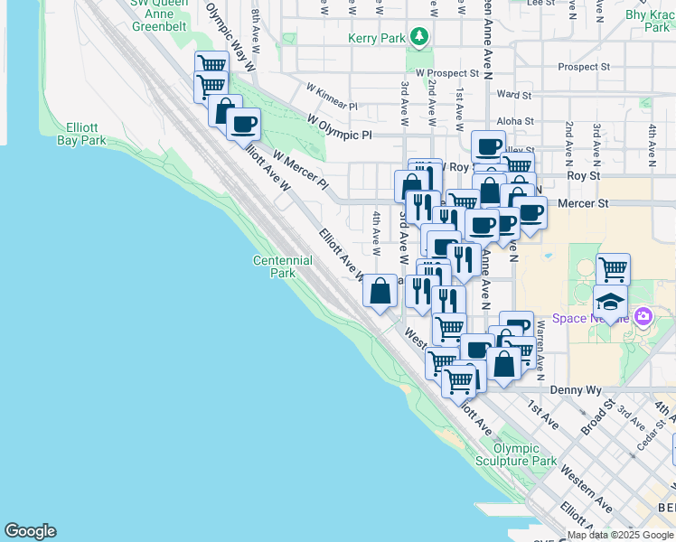 map of restaurants, bars, coffee shops, grocery stores, and more near 401 Elliott Avenue West in Seattle