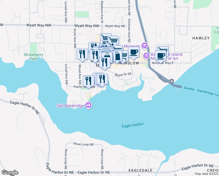 map of restaurants, bars, coffee shops, grocery stores, and more near 330 Madison Avenue North in Bainbridge Island