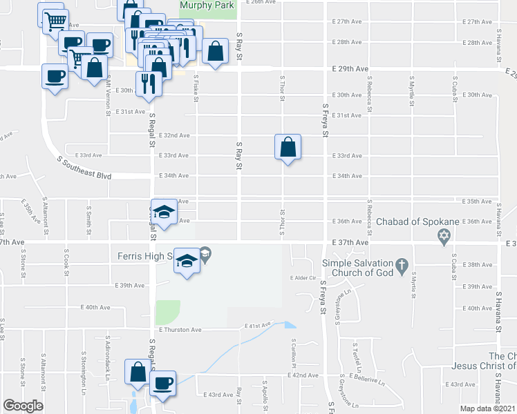 map of restaurants, bars, coffee shops, grocery stores, and more near 3228 East 35th Avenue in Spokane