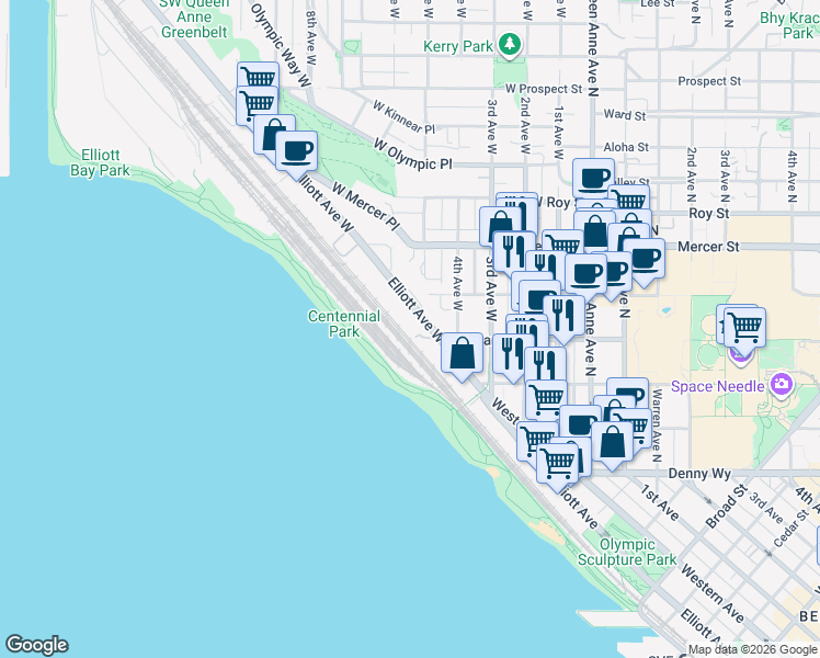 map of restaurants, bars, coffee shops, grocery stores, and more near 401 Elliott Avenue West in Seattle