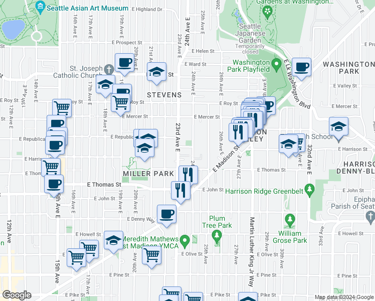 map of restaurants, bars, coffee shops, grocery stores, and more near 2317 East Harrison Street in Seattle