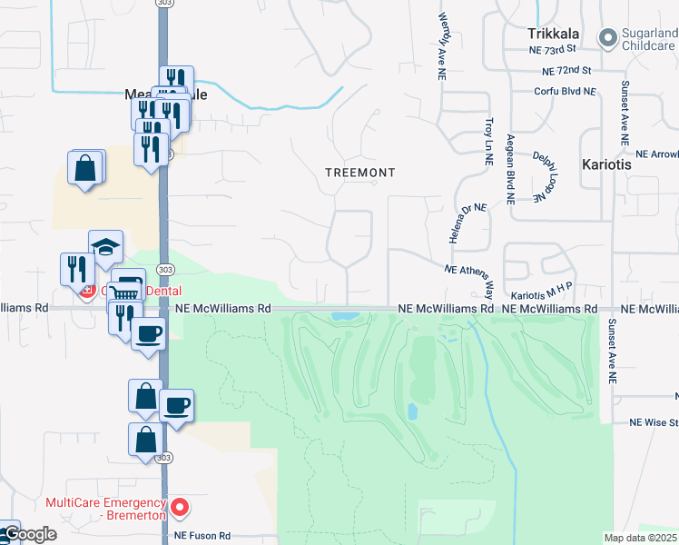 map of restaurants, bars, coffee shops, grocery stores, and more near 6483 Northeast Clover Blossom Lane in Bremerton