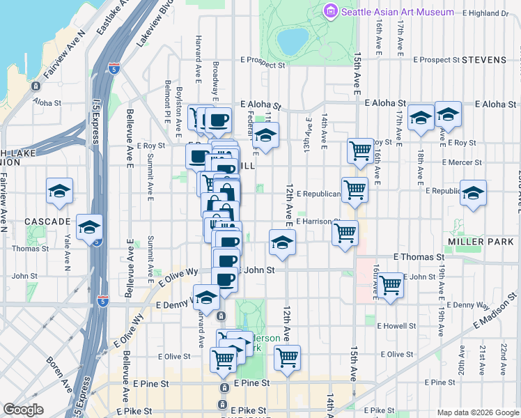 map of restaurants, bars, coffee shops, grocery stores, and more near 1017 East Harrison Street in Seattle
