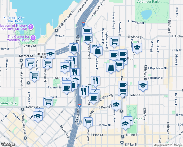 map of restaurants, bars, coffee shops, grocery stores, and more near 412 Bellevue Avenue East in Seattle