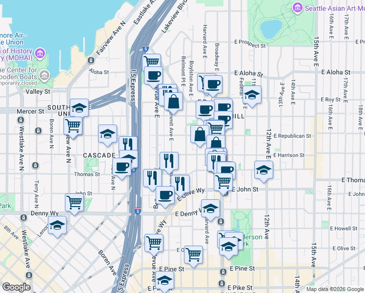 map of restaurants, bars, coffee shops, grocery stores, and more near 502 East Harrison Street in Seattle