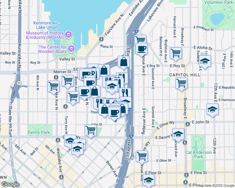 map of restaurants, bars, coffee shops, grocery stores, and more near 422 Yale Avenue North in Seattle
