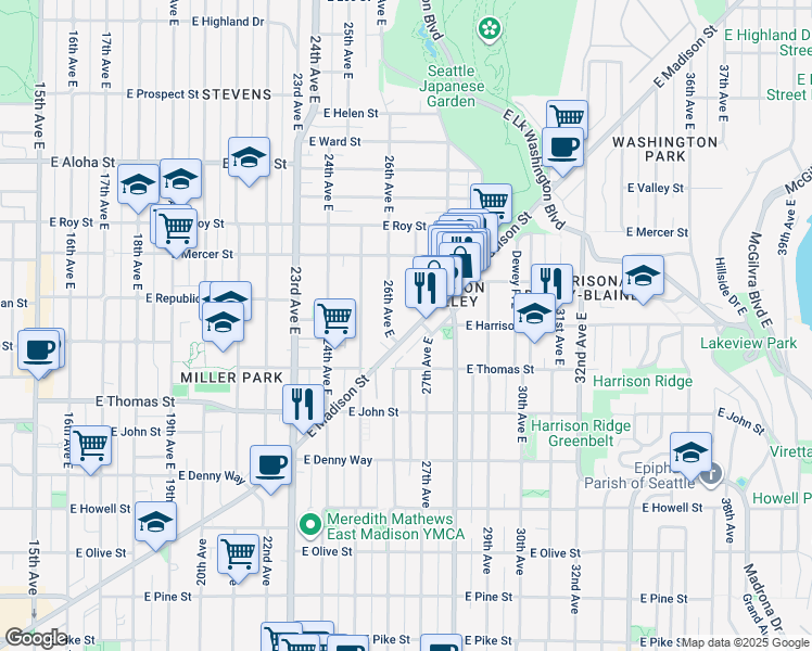 map of restaurants, bars, coffee shops, grocery stores, and more near in Seattle