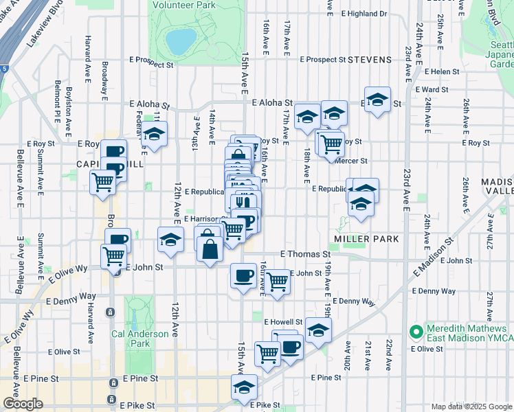 map of restaurants, bars, coffee shops, grocery stores, and more near in Seattle
