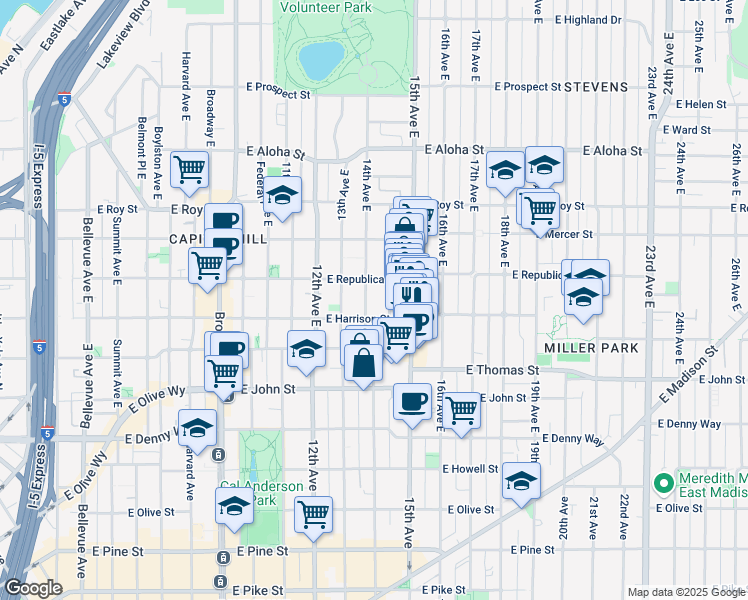 map of restaurants, bars, coffee shops, grocery stores, and more near in Seattle