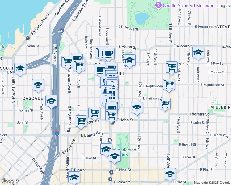 map of restaurants, bars, coffee shops, grocery stores, and more near 324 Broadway East in Seattle