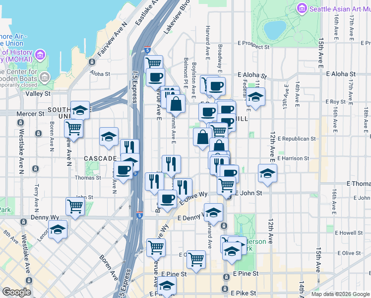 map of restaurants, bars, coffee shops, grocery stores, and more near 502 East Harrison Street in Seattle