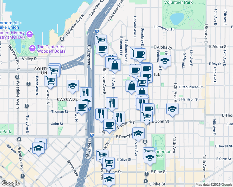 map of restaurants, bars, coffee shops, grocery stores, and more near 502 East Harrison Street in Seattle