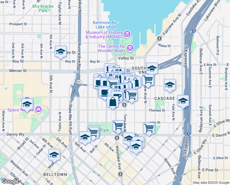 map of restaurants, bars, coffee shops, grocery stores, and more near in Seattle