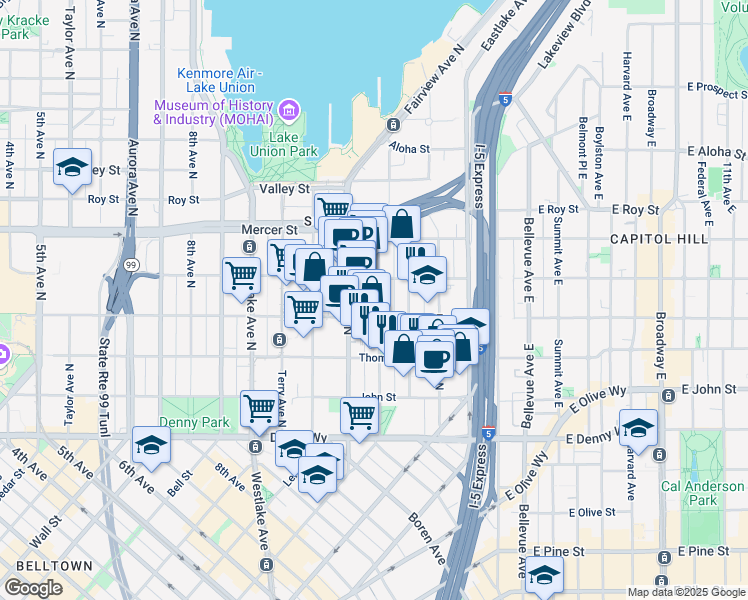 map of restaurants, bars, coffee shops, grocery stores, and more near in Seattle