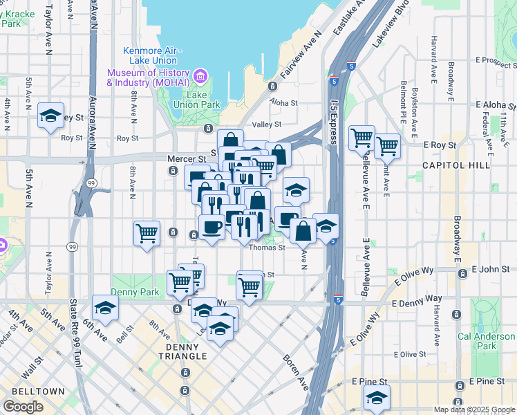map of restaurants, bars, coffee shops, grocery stores, and more near 330 Fairview Avenue North in Seattle