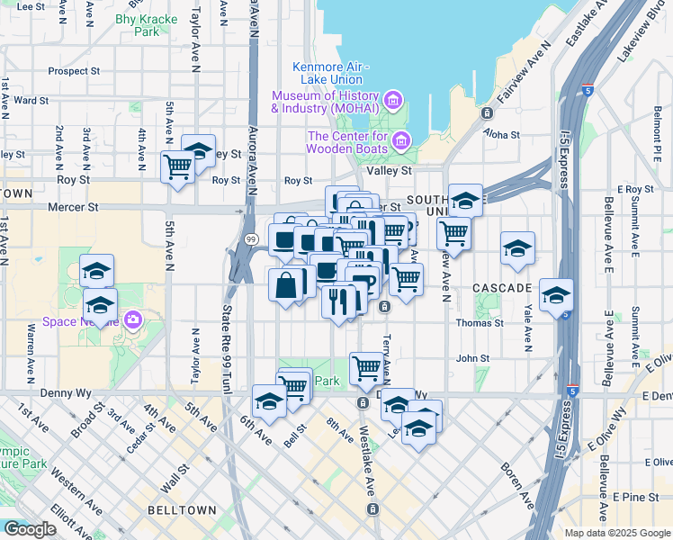 map of restaurants, bars, coffee shops, grocery stores, and more near 400 9th Avenue North in Seattle