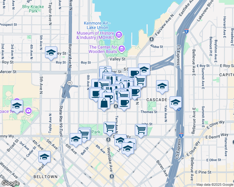 map of restaurants, bars, coffee shops, grocery stores, and more near 442 Terry Avenue North in Seattle