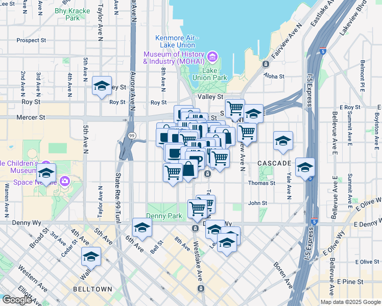 map of restaurants, bars, coffee shops, grocery stores, and more near 415 Westlake Avenue North in Seattle