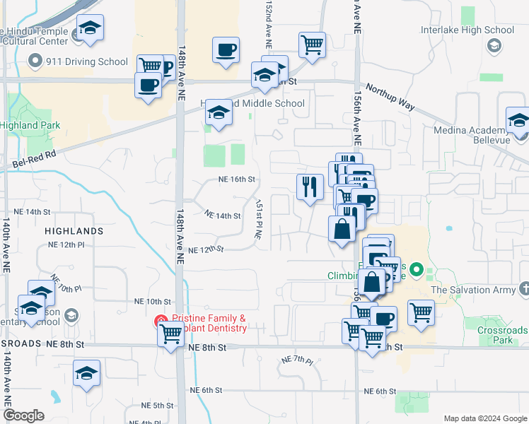 map of restaurants, bars, coffee shops, grocery stores, and more near 1402 151st Place Northeast in Bellevue