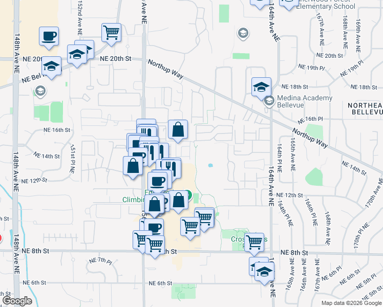 map of restaurants, bars, coffee shops, grocery stores, and more near 1400 159th Place Northeast in Bellevue