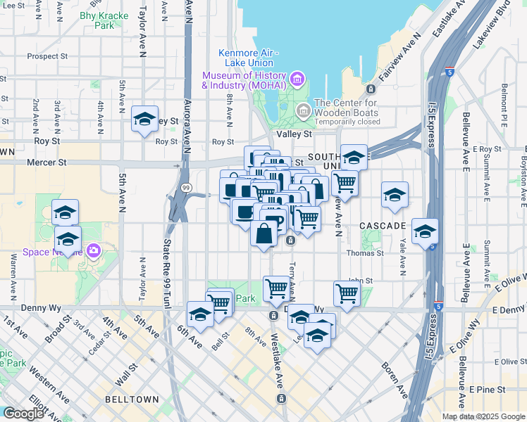 map of restaurants, bars, coffee shops, grocery stores, and more near 415 Westlake Avenue North in Seattle
