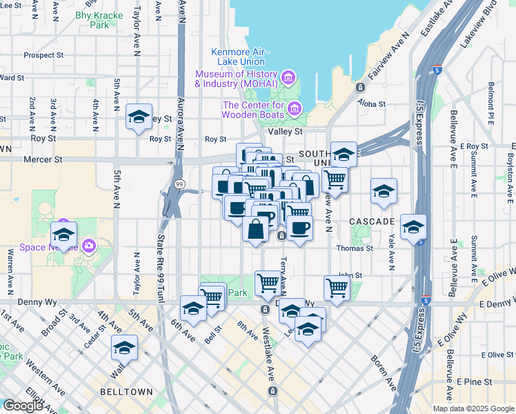 map of restaurants, bars, coffee shops, grocery stores, and more near in Seattle