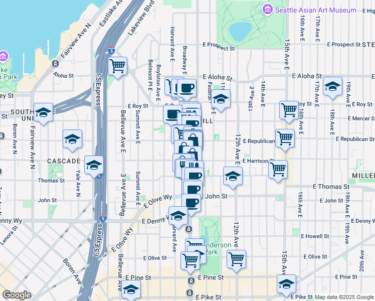 map of restaurants, bars, coffee shops, grocery stores, and more near 324 Broadway East in Seattle