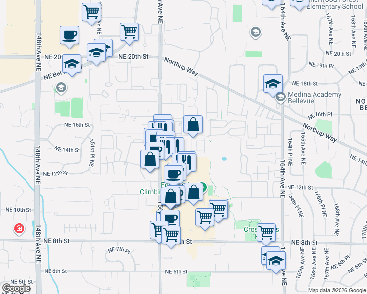 map of restaurants, bars, coffee shops, grocery stores, and more near 1401 158th Place Northeast in Bellevue