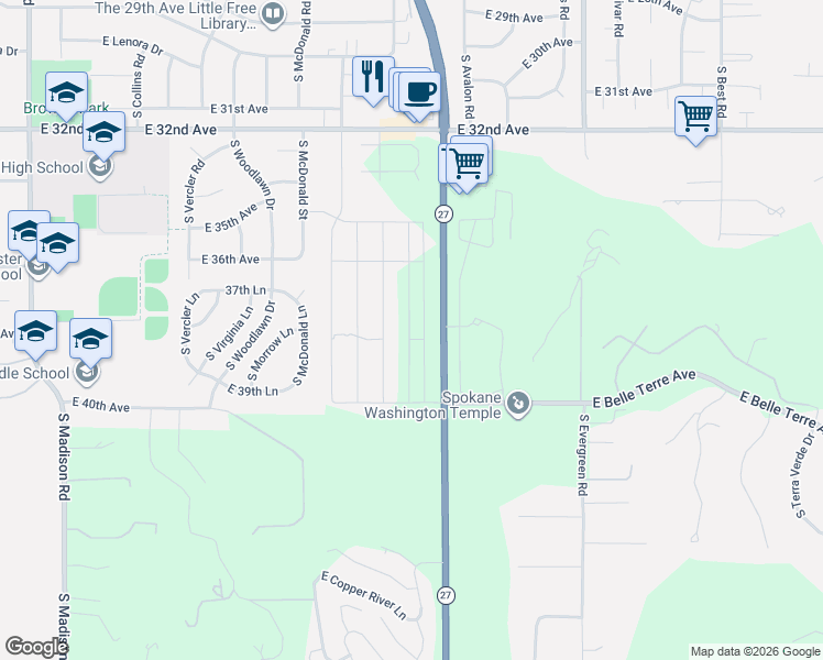 map of restaurants, bars, coffee shops, grocery stores, and more near 3972 Washington 27 in Spokane