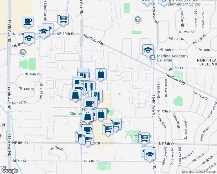 map of restaurants, bars, coffee shops, grocery stores, and more near 1400 159th Place Northeast in Bellevue