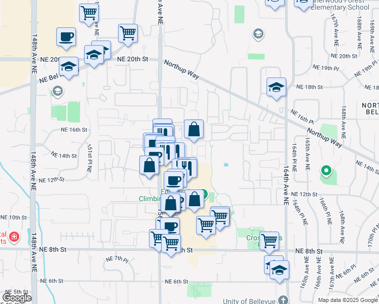map of restaurants, bars, coffee shops, grocery stores, and more near 1401 158th Place Northeast in Bellevue