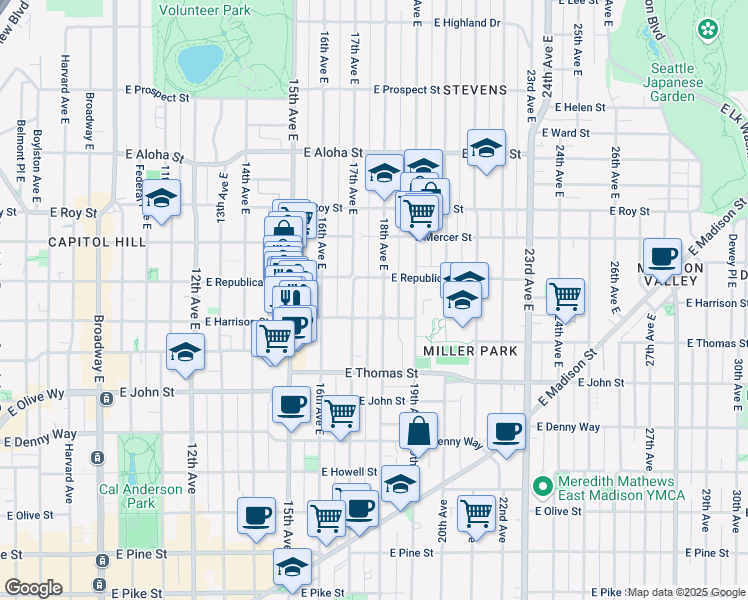 map of restaurants, bars, coffee shops, grocery stores, and more near 348 18th Avenue East in Seattle
