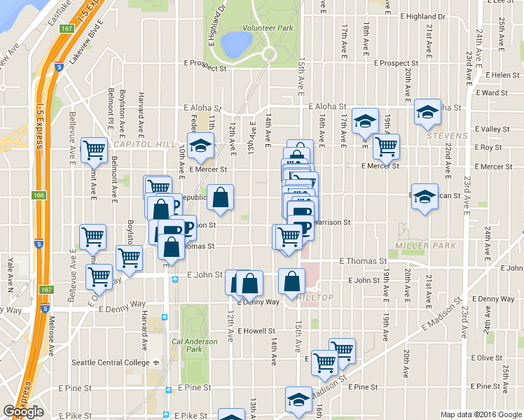 map of restaurants, bars, coffee shops, grocery stores, and more near in Seattle