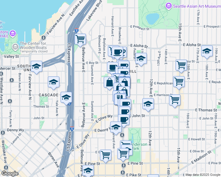 map of restaurants, bars, coffee shops, grocery stores, and more near 401 Harvard Avenue East in Seattle