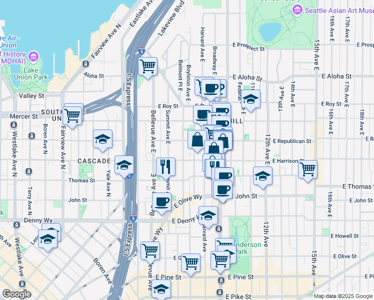 map of restaurants, bars, coffee shops, grocery stores, and more near 511 East Harrison Street in Seattle