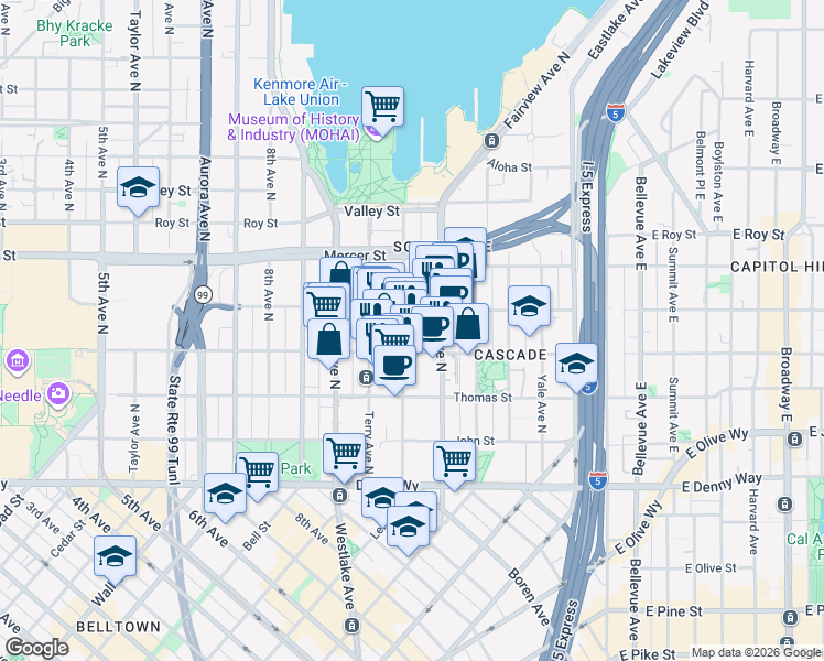 map of restaurants, bars, coffee shops, grocery stores, and more near 409 Fairview Avenue North in Seattle