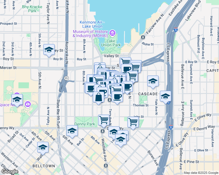 map of restaurants, bars, coffee shops, grocery stores, and more near 426 Terry Avenue North in Seattle